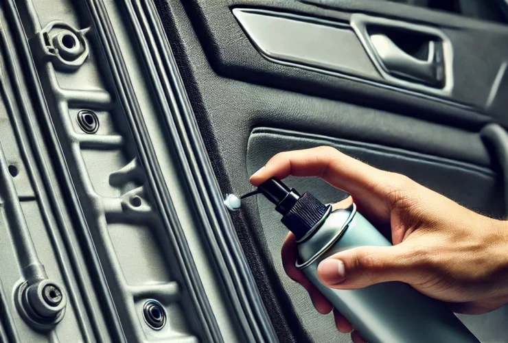 Primo piano di una portiera d'auto con una mano che applica spray lubrificante sulle guarnizioni di gomma per prevenire scricchiolii e rumori. La portiera è leggermente aperta, mostrando cerniere e pannelli. L'immagine evidenzia la manutenzione pratica delle guarnizioni delle portiere.